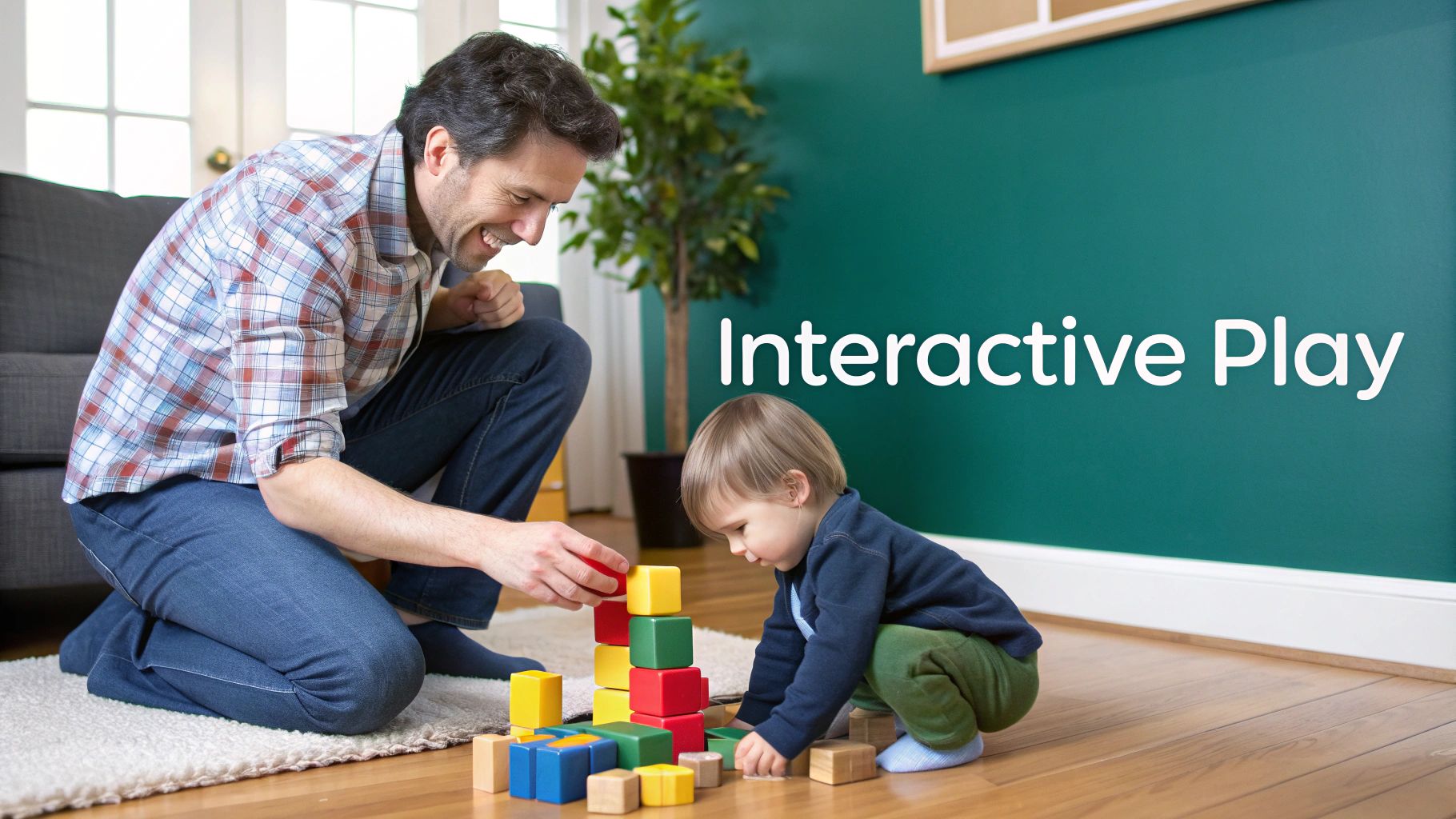 Father and toddler playing with colorful building blocks on a rug, enjoying interactive playtime.