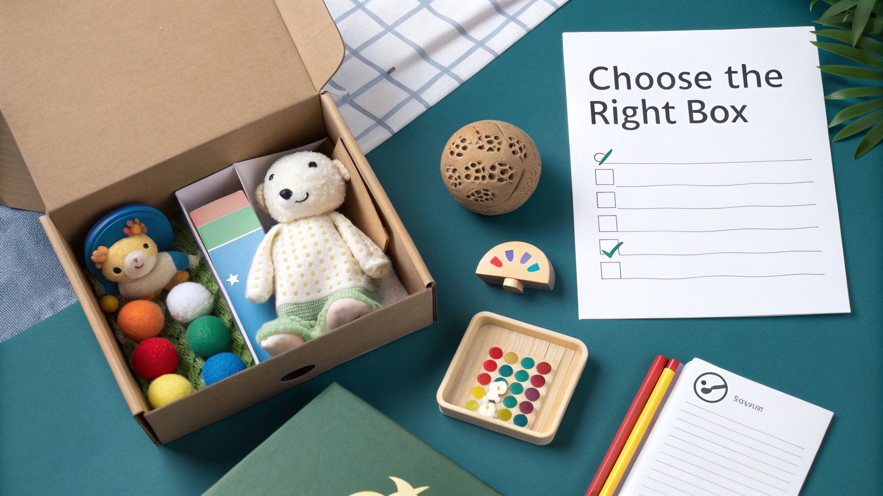 An open cardboard box reveals children's toys, including a teddy bear and colorful felt balls, next to a checklist and educational wooden toys.