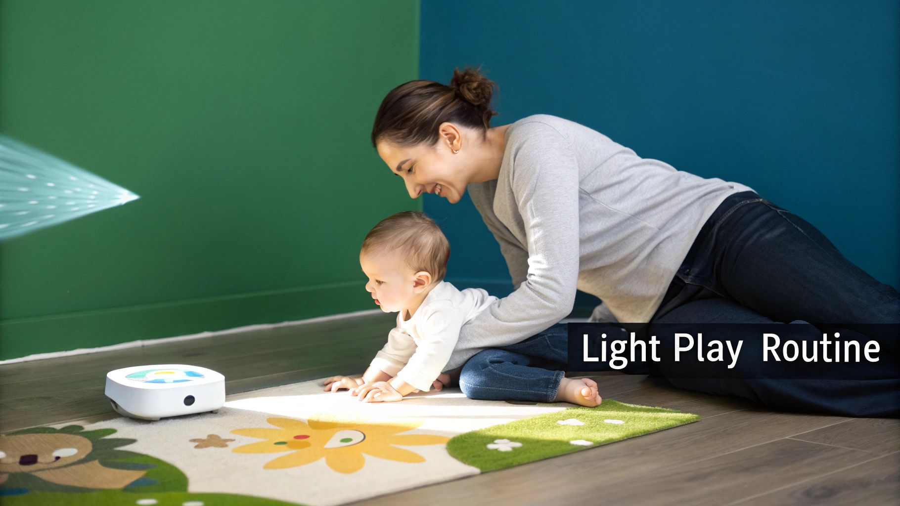 A happy mother and baby enjoying light play projected by a sensory device on a colorful mat.