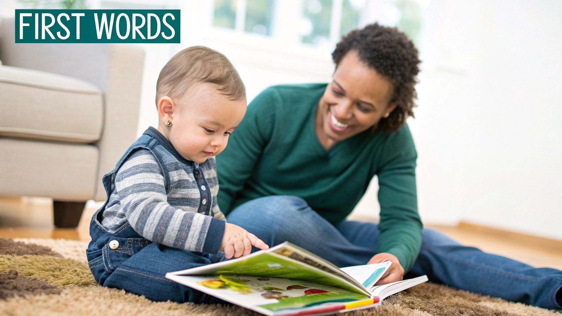 A joyful mother and baby boy sit on a rug, reading a colorful children's book together.