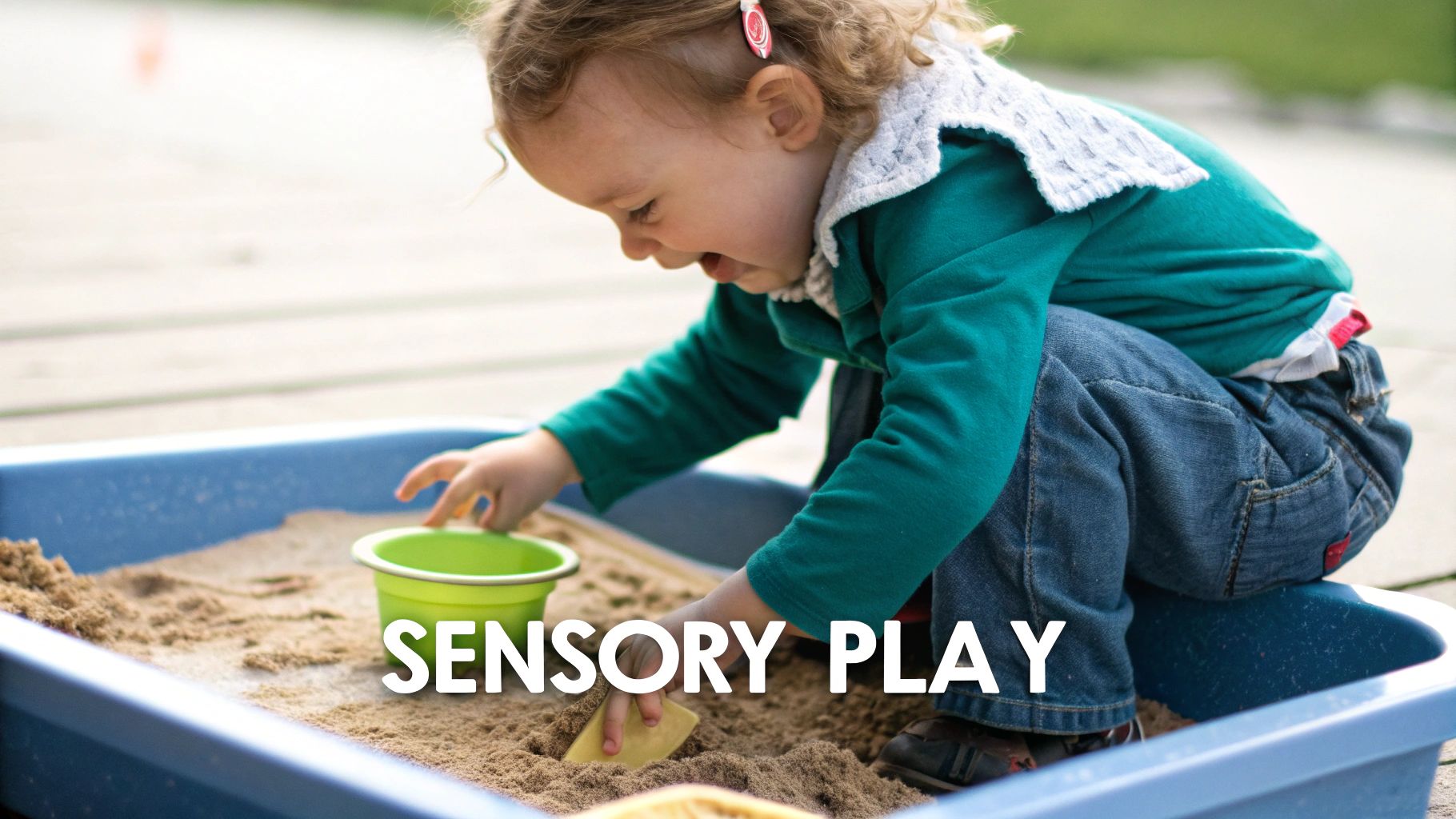 A happy toddler enjoys sensory play, scooping sand into a green bucket in a blue bin.