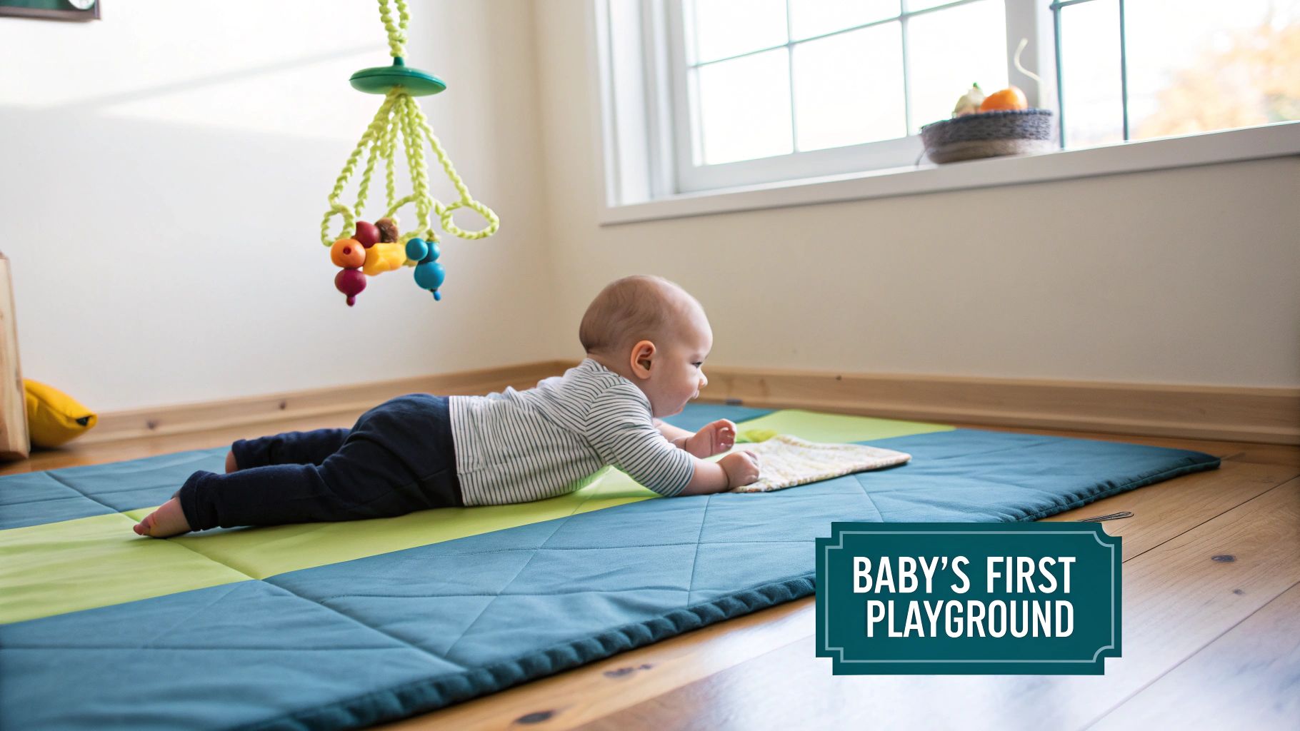 A baby in a striped shirt does tummy time on a green and blue play mat, looking at hanging toys.