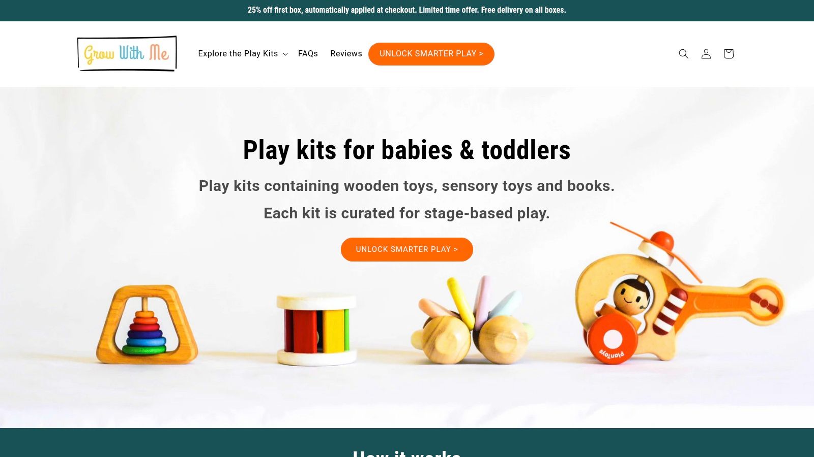 A curated selection of developmental toys from the Grow With Me subscription box, including wooden stacking rings, a shape sorter, and a board book.