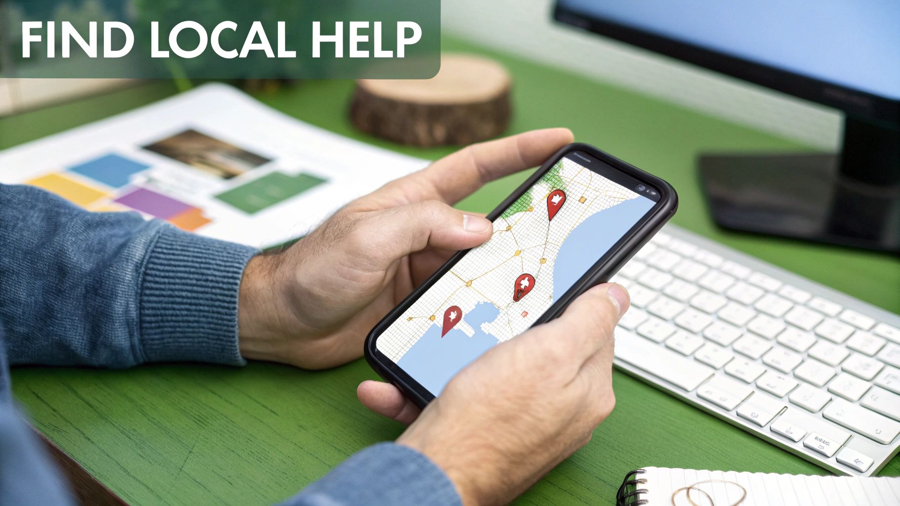 Hands holding a smartphone displaying a map with red location pins to find local help.