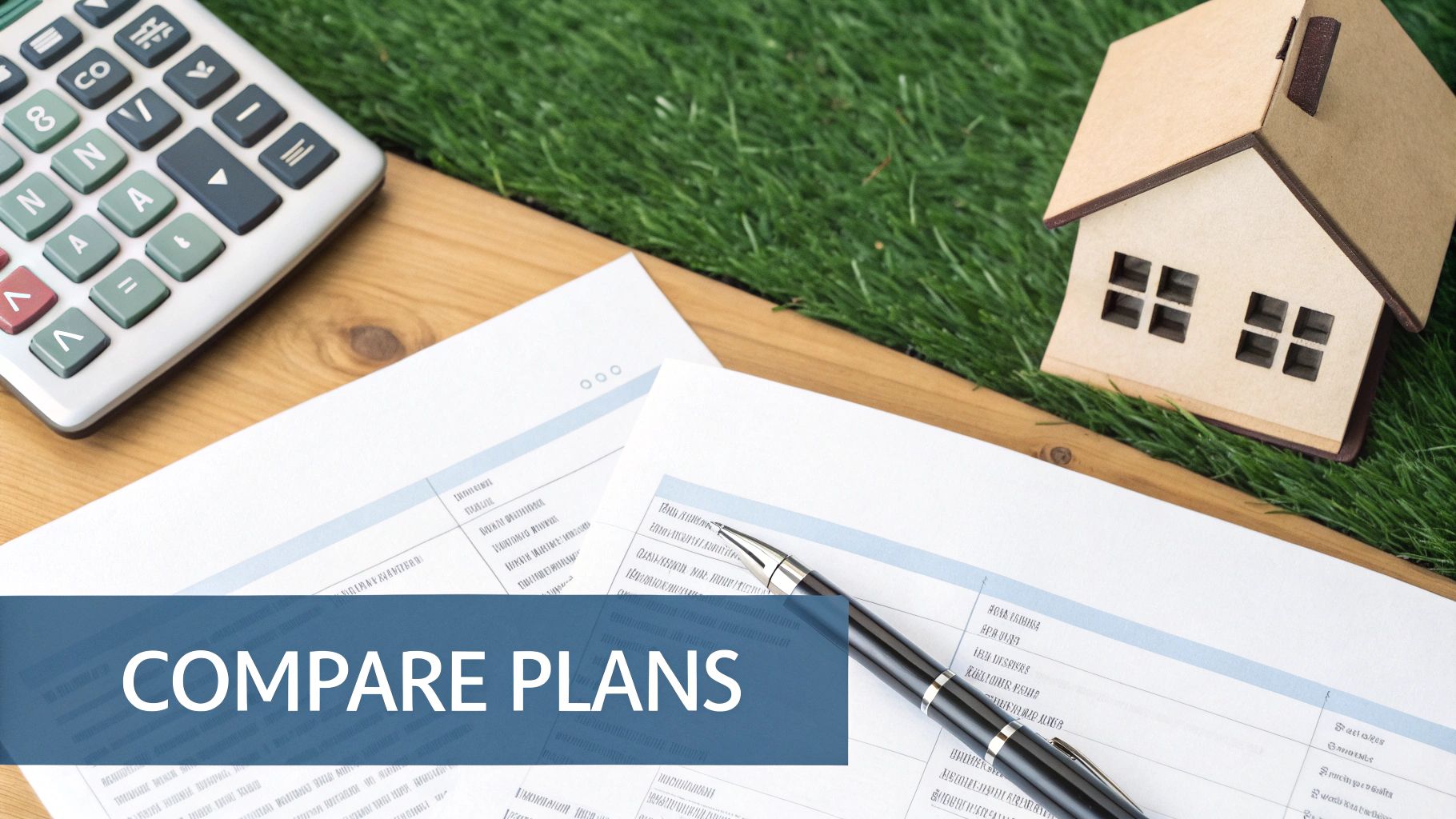 A calculator, documents, pen, and a house model on a desk, with 'COMPARE PLANS' text.