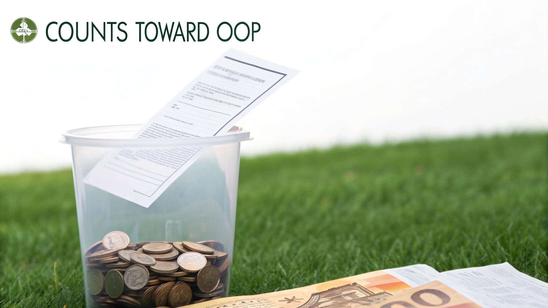 A clear container filled with coins and papers on green grass, next to banknotes.