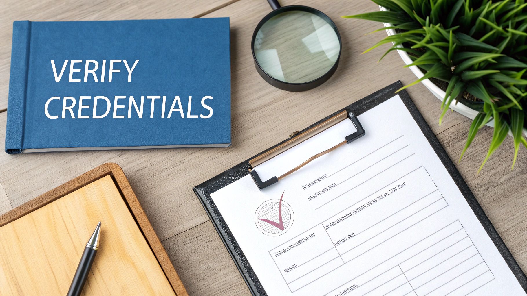 Desk with 'Verify Credentials' notebook, clipboard, magnifying glass, pen, and potted plant.