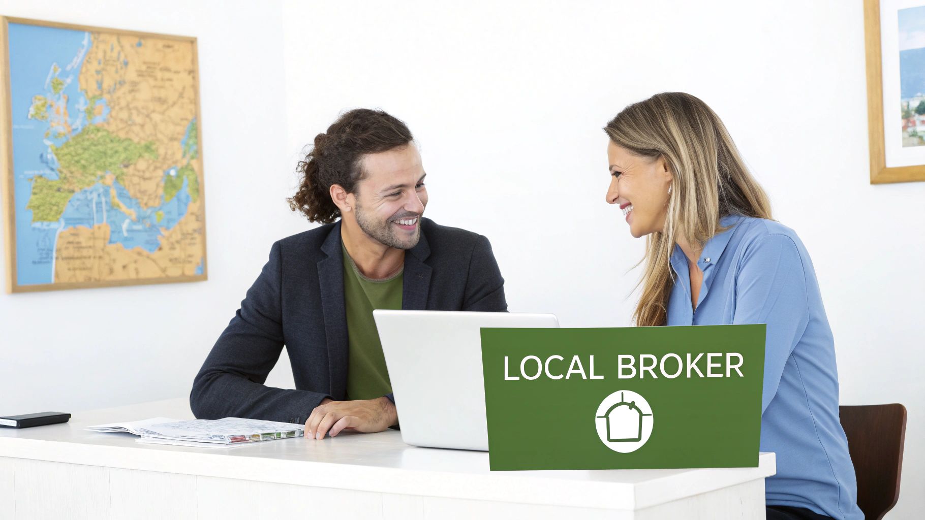 Two smiling brokers discuss business at a desk with a "LOCAL BROKER" sign and a laptop.