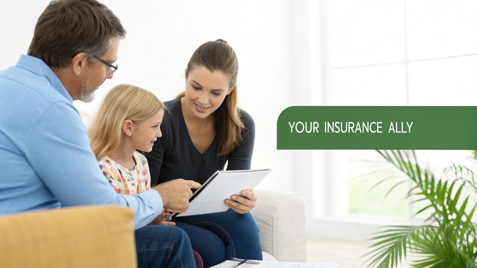 A family, including a man, woman, and young girl, reviewing insurance details on a tablet.