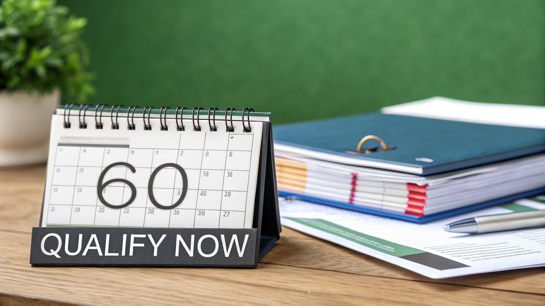 A desk calendar showing '60' and a 'QUALIFY NOW' sign, with documents on a wooden desk.