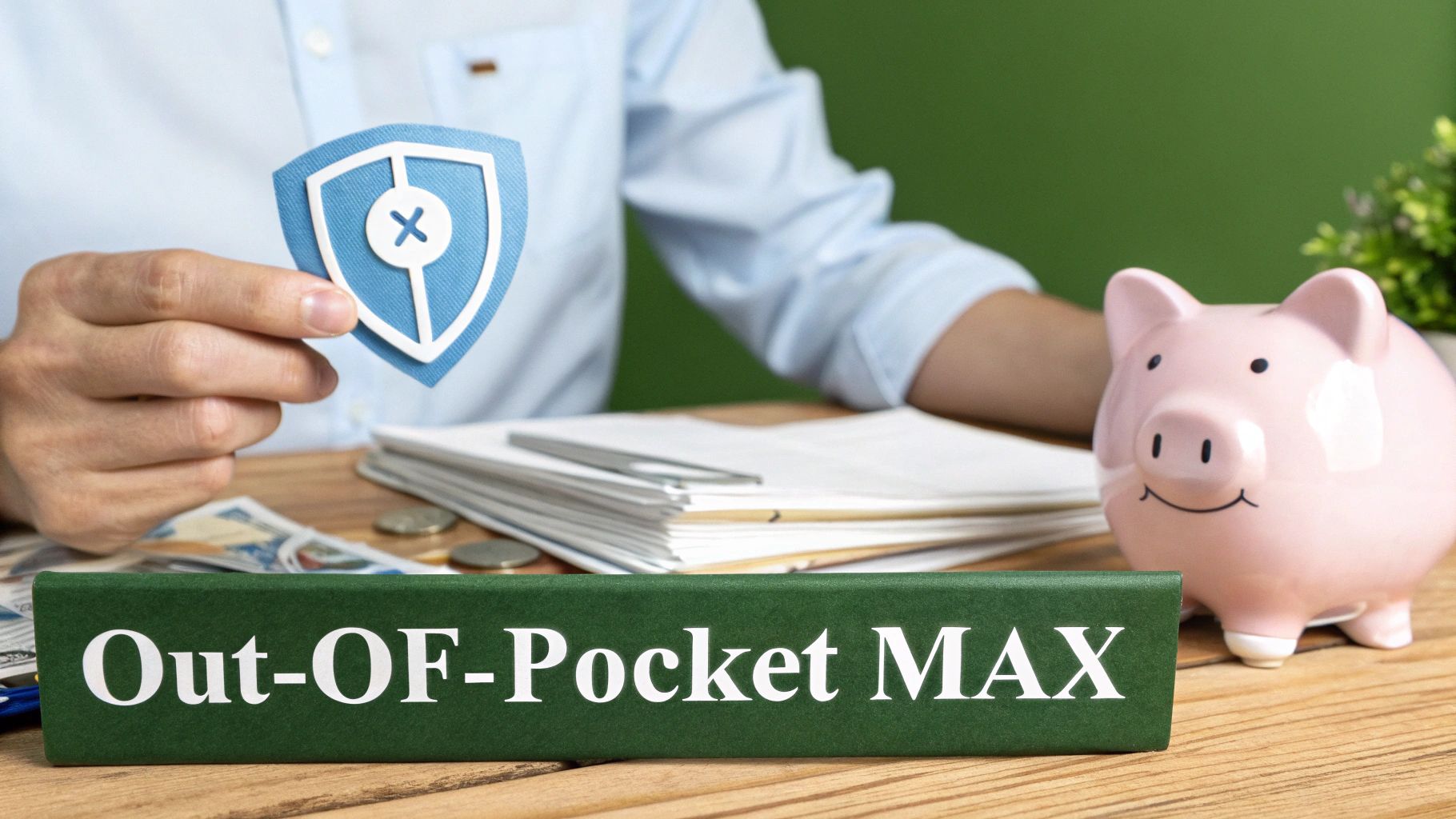 A person holds a shield icon, a piggy bank, and a sign stating 'Out-OF-Pocket MAX' on a wooden table.