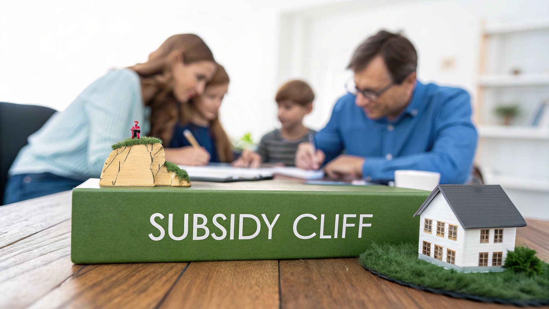 Family at table with 'SUBSIDY CLIFF' box, miniature house, and cliff model, discussing financial planning.