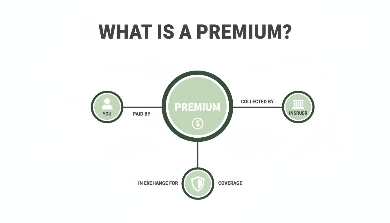 Infographic explaining an insurance premium, showing it's paid by you to an insurer for coverage.