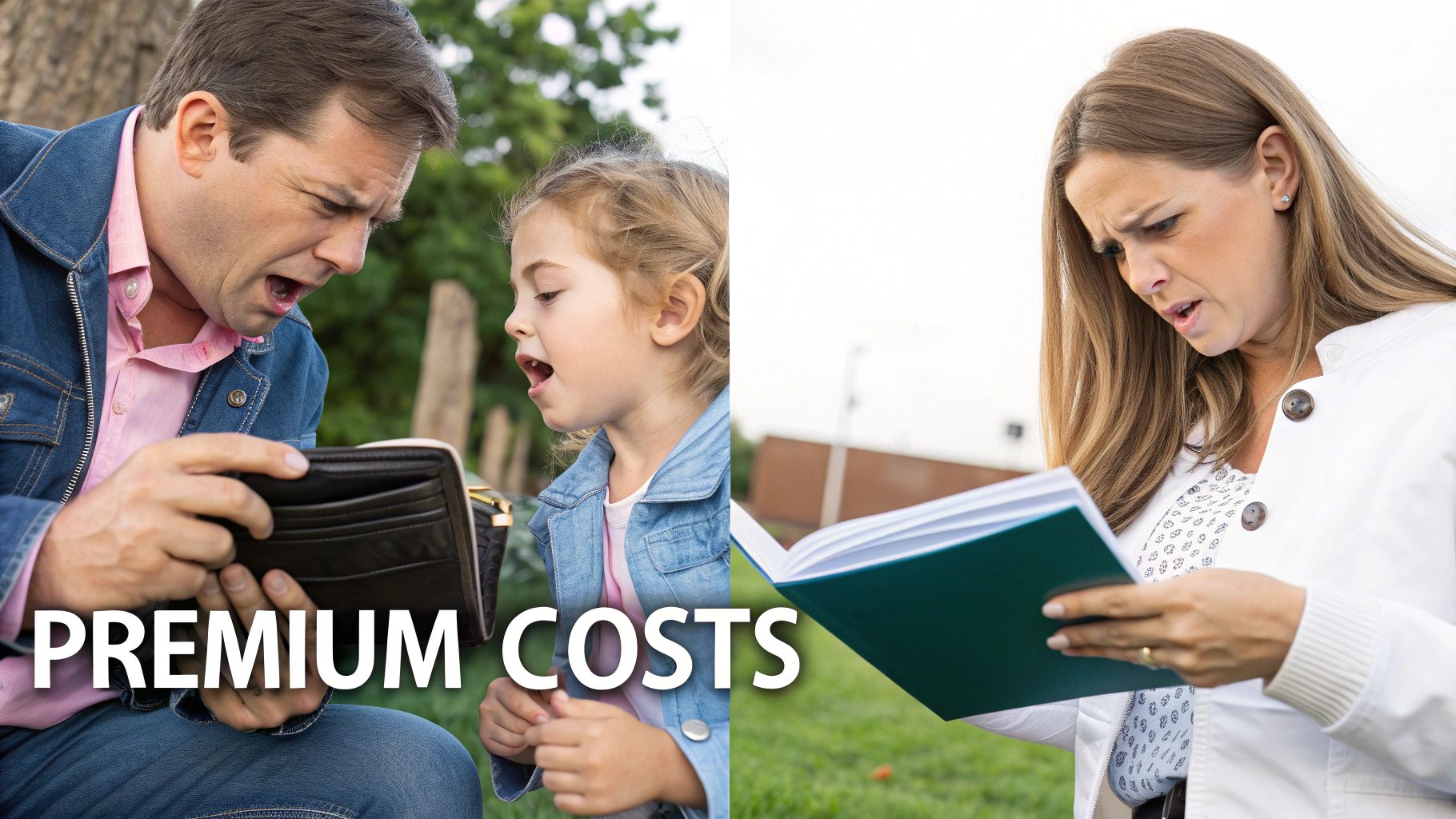 A man and child are shocked by an empty wallet, while a woman looks concerned at high premium costs.
