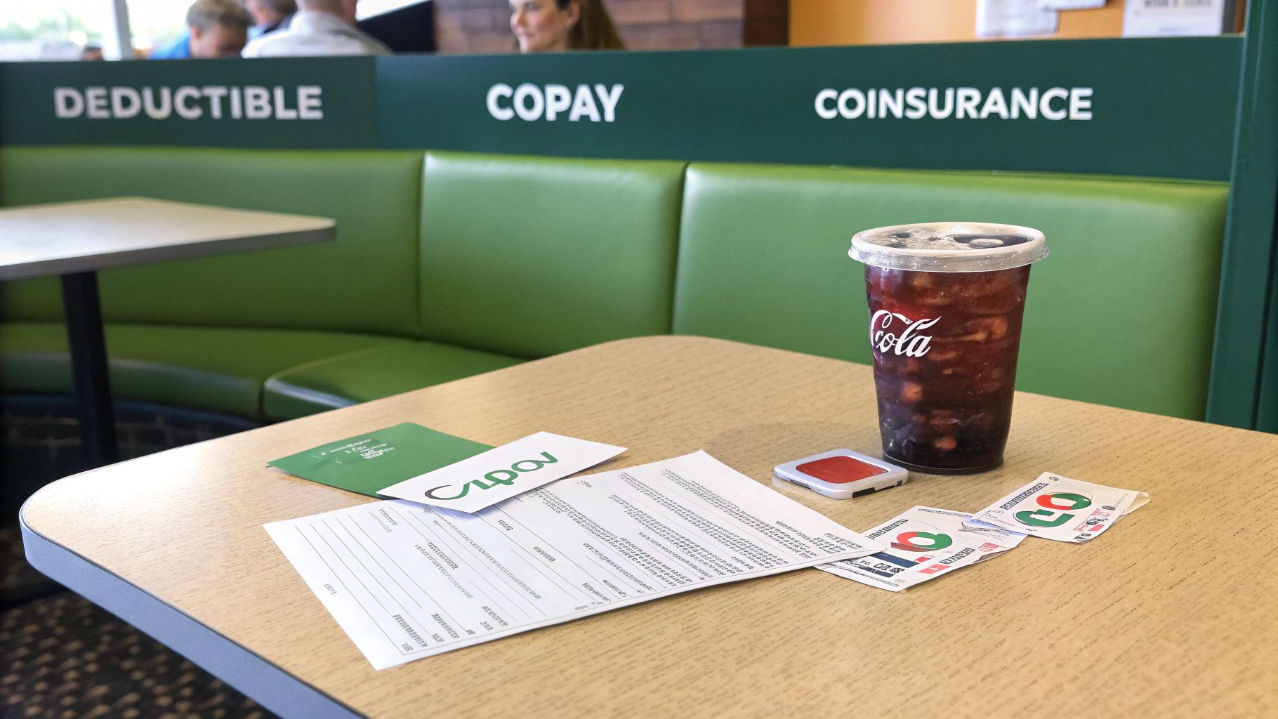 A table with papers, a soda, and a green booth with health insurance terms like Copay and Coinsurance.