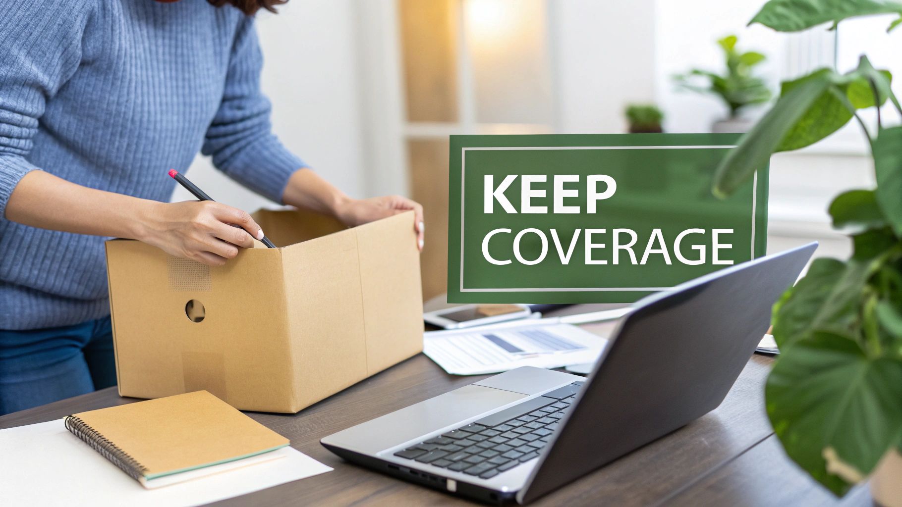 A person writes on a packing box next to a laptop and a sign reading 'KEEP COVERAGE'.