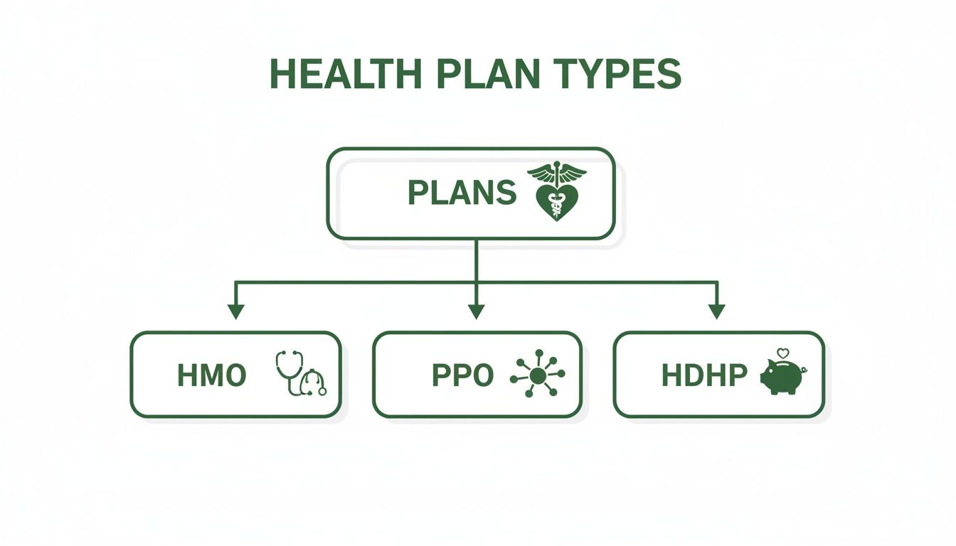 Diagram showing health plan types: HMO (stethoscope), PPO (network), and HDHP (piggy bank).