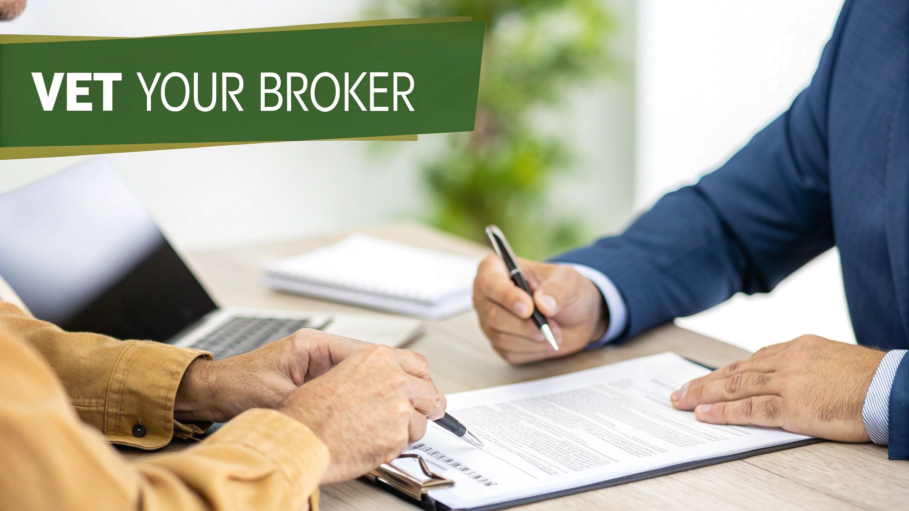 Two men, a client and a broker, reviewing and signing a document at a desk, with a 'Vet Your Broker' banner.