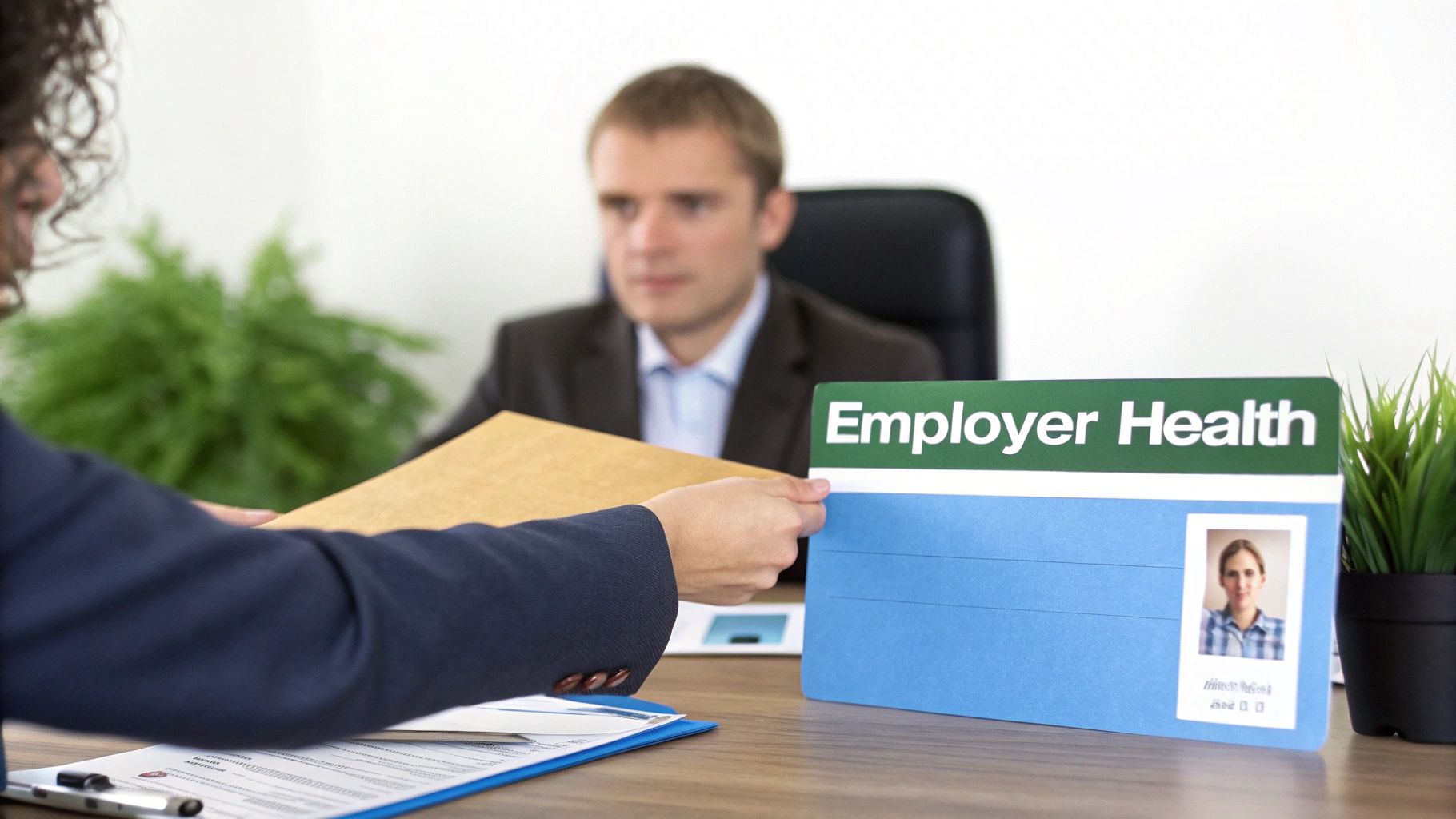Two people in an office exchange documents, with an 'Employer Health' folder visible on the desk.