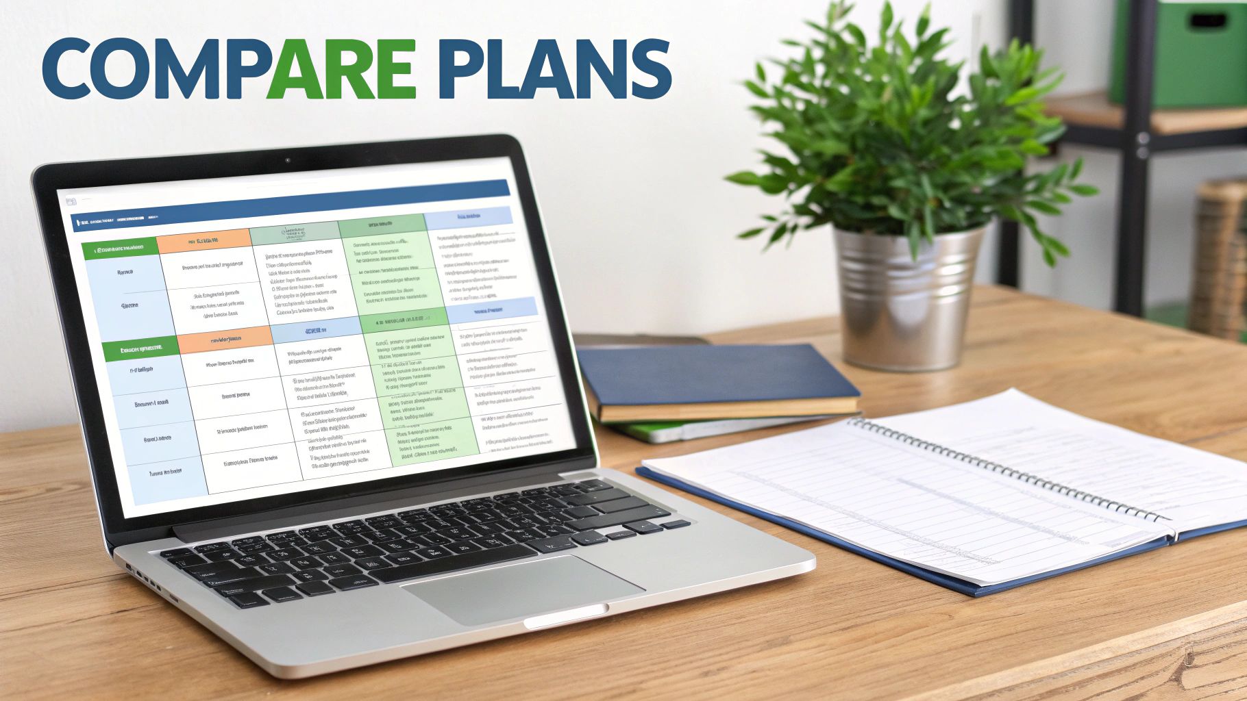 A laptop on a wooden desk displays a detailed comparison table of plans, with a notebook and plant beside it.