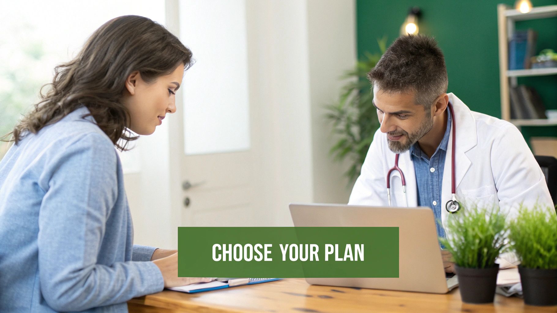 A doctor and patient review health plan options during a consultation in an office.