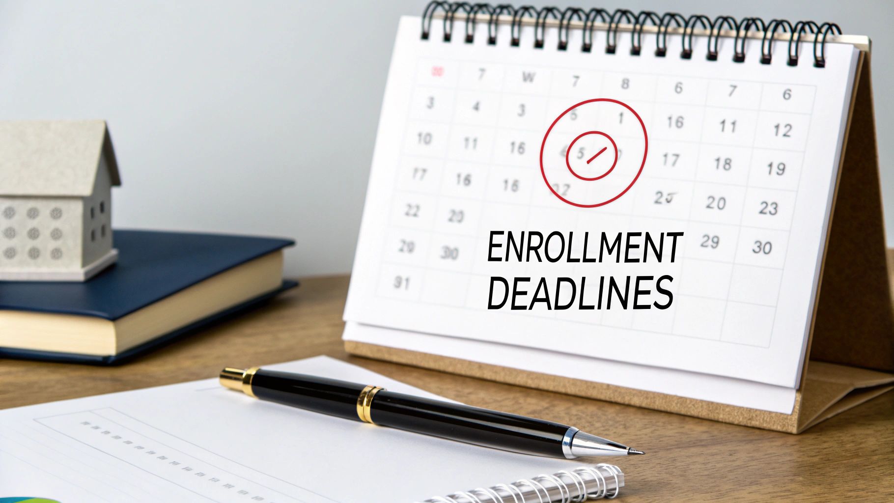 A calendar page with key dates circled, symbolizing important health insurance enrollment deadlines.