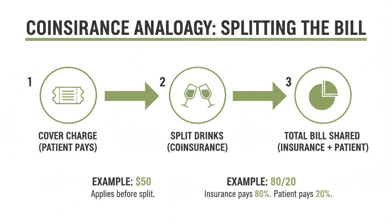 Infographic explaining coinsurance using a bill splitting analogy with steps for cover charge and shared payments.