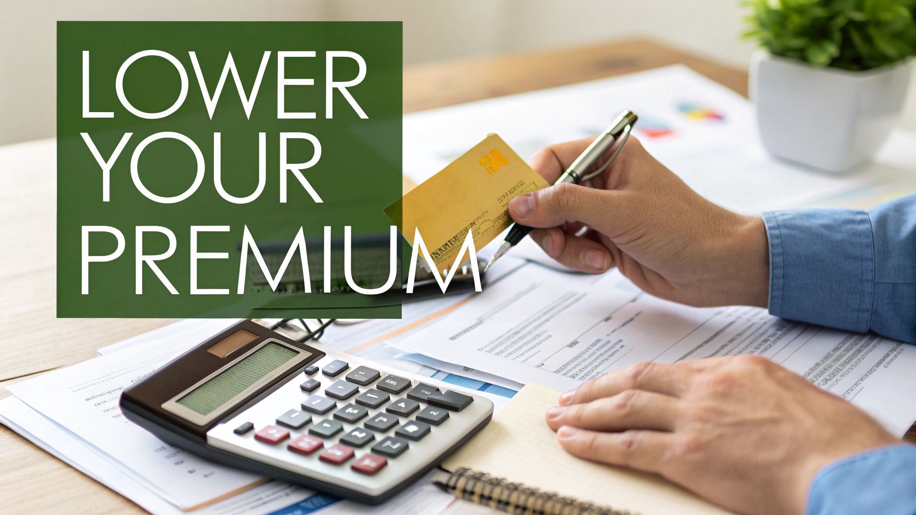 A person with a credit card and calculator on a desk, with text 'LOWER YOUR PREMIUM' suggesting financial planning.