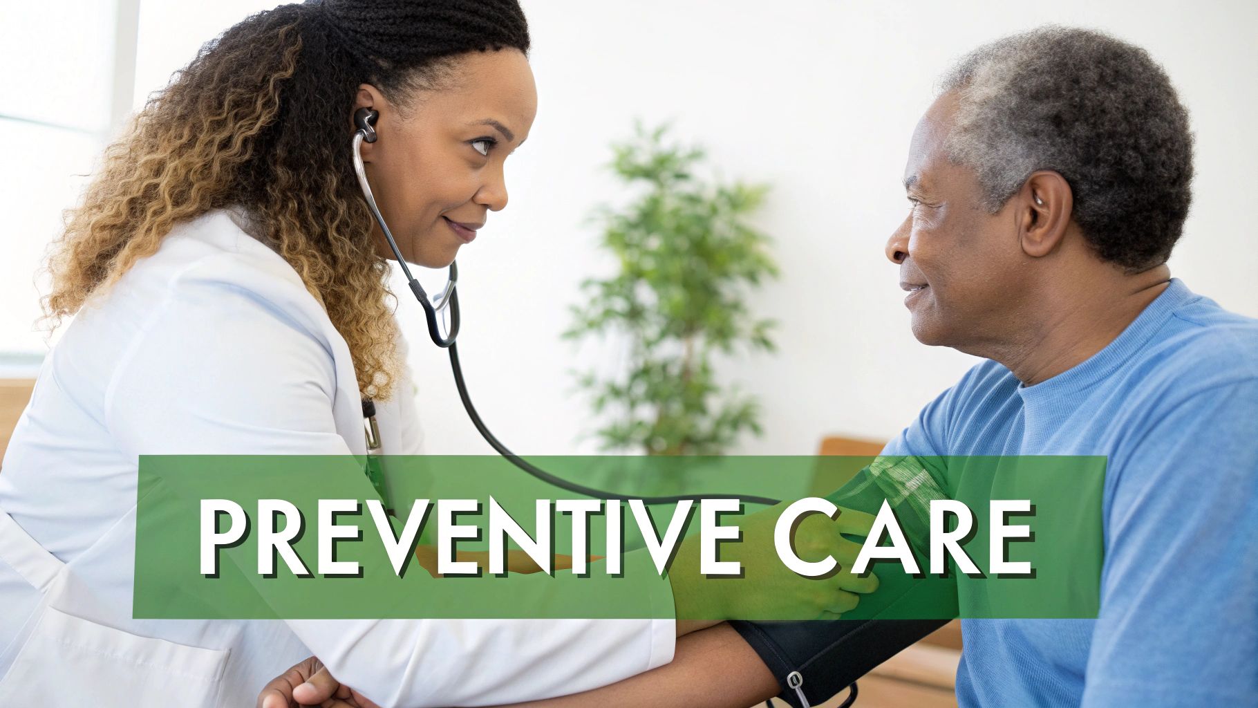 A female doctor takes an older man's blood pressure during a preventive care visit.