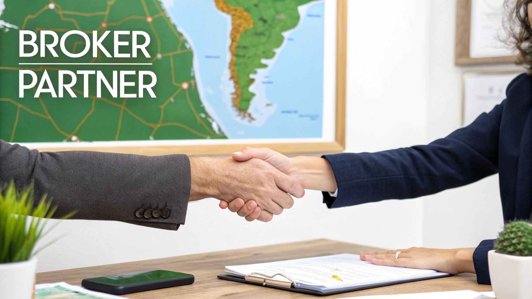 A business owner shaking hands with an insurance broker in a Florida office.