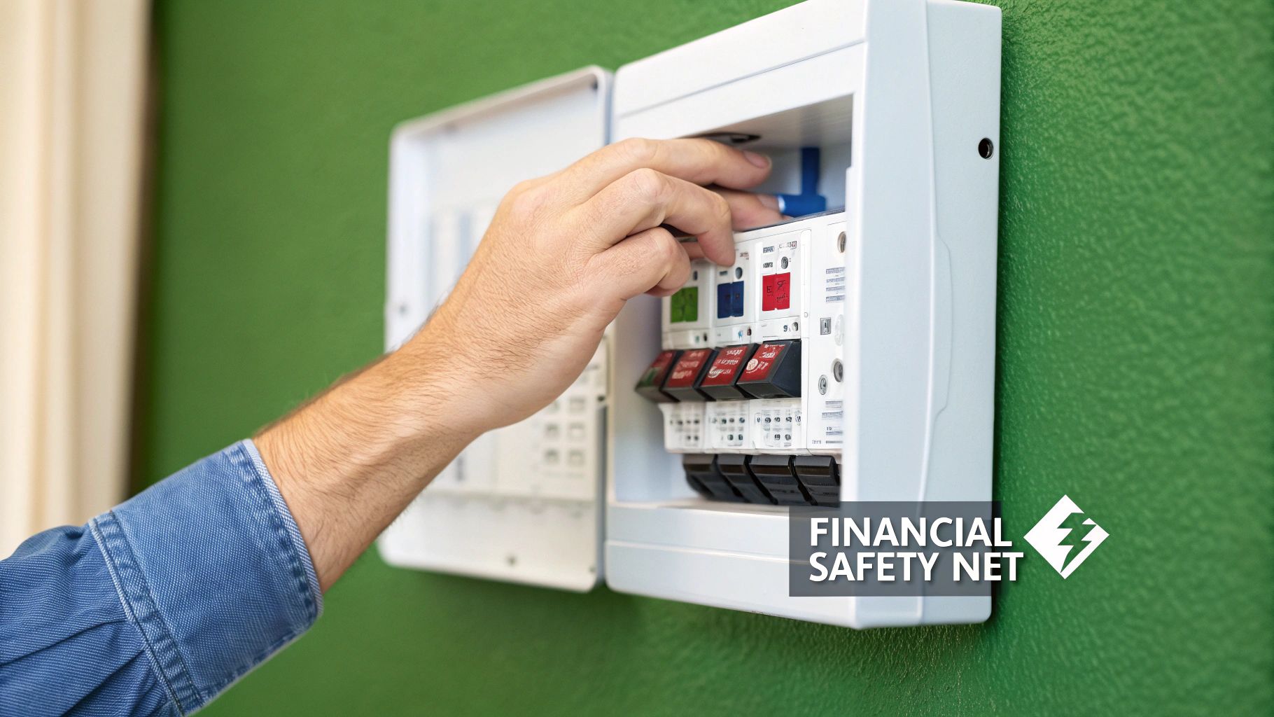 A person's hand adjusts a colorful circuit breaker inside an electrical box on a green wall.