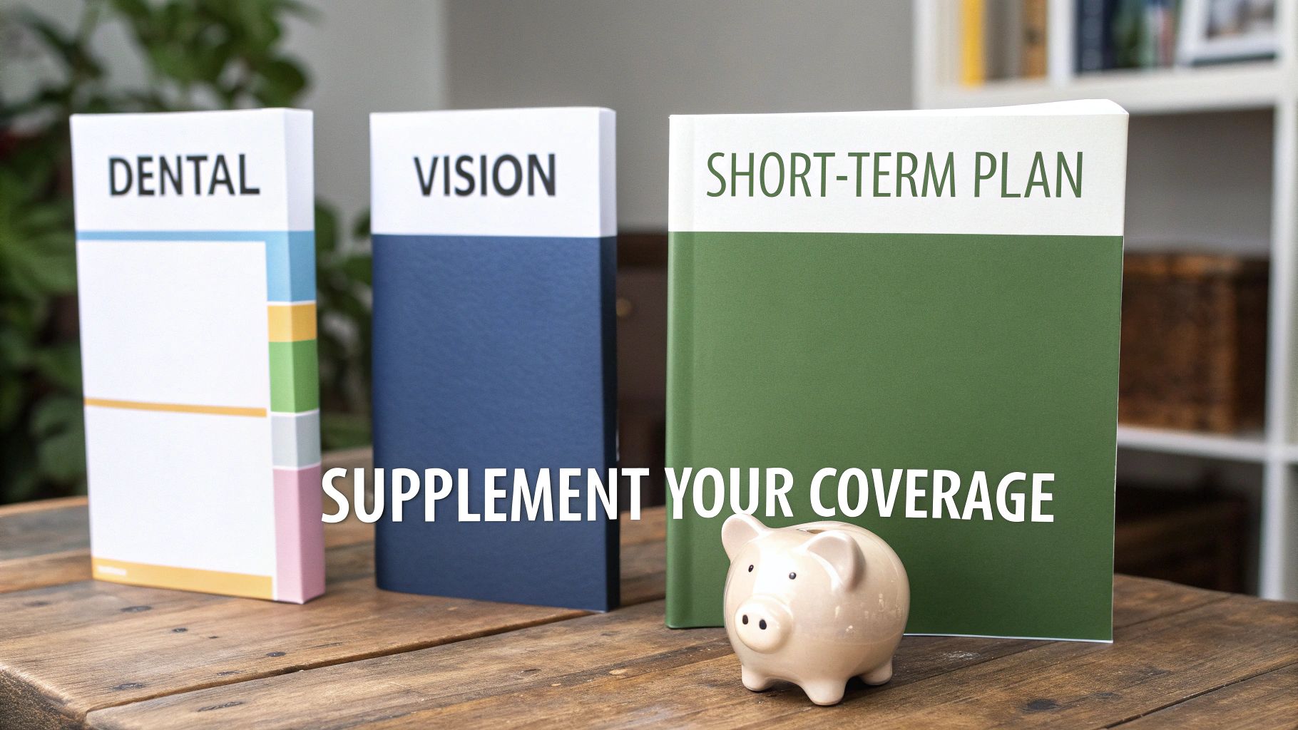 Books labeled Dental, Vision, and Short-Term Plan with a piggy bank, representing supplemental insurance options.