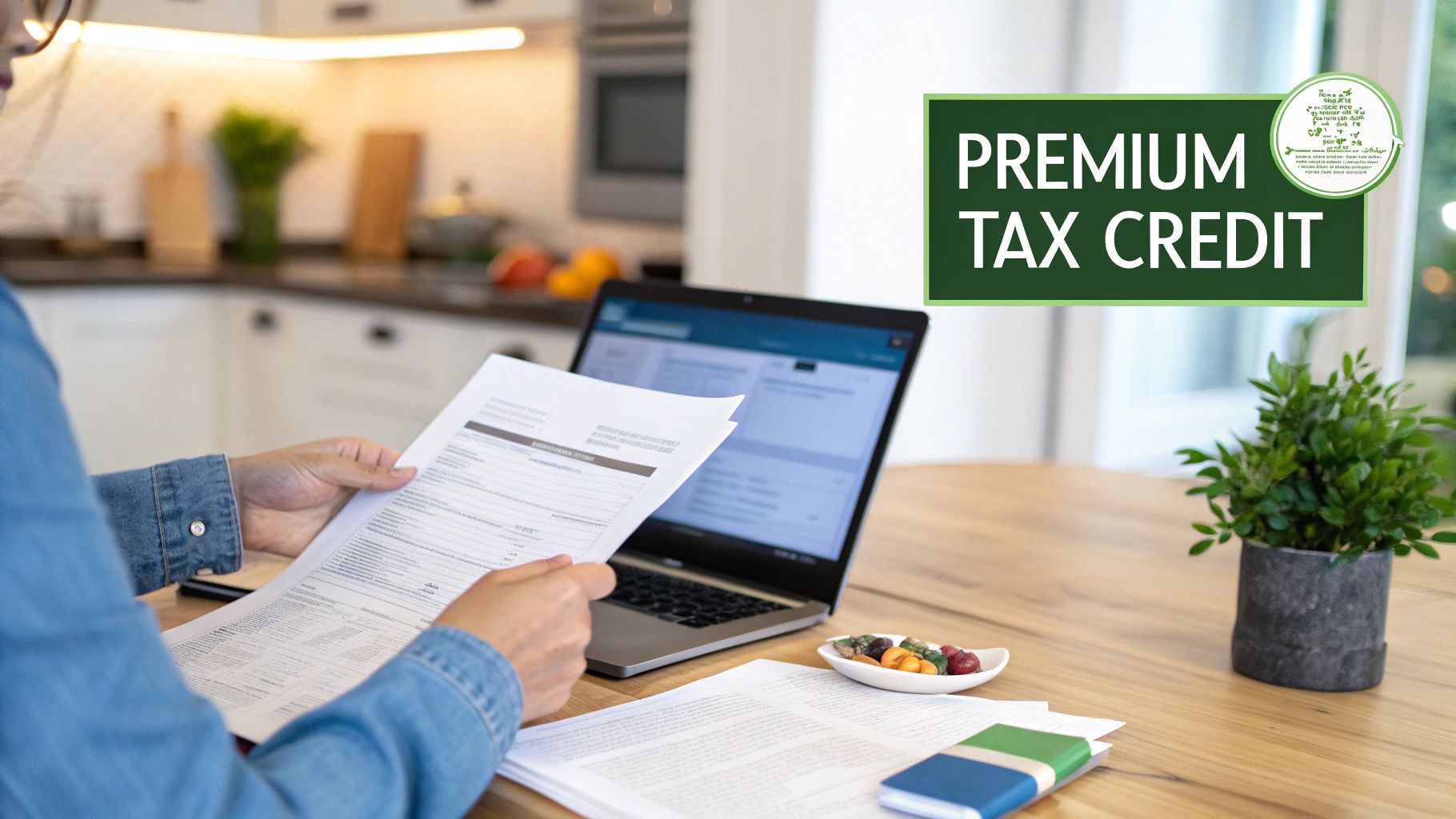 A person reviews documents and a laptop, next to a 'Premium Tax Credit' sign, in a home office.