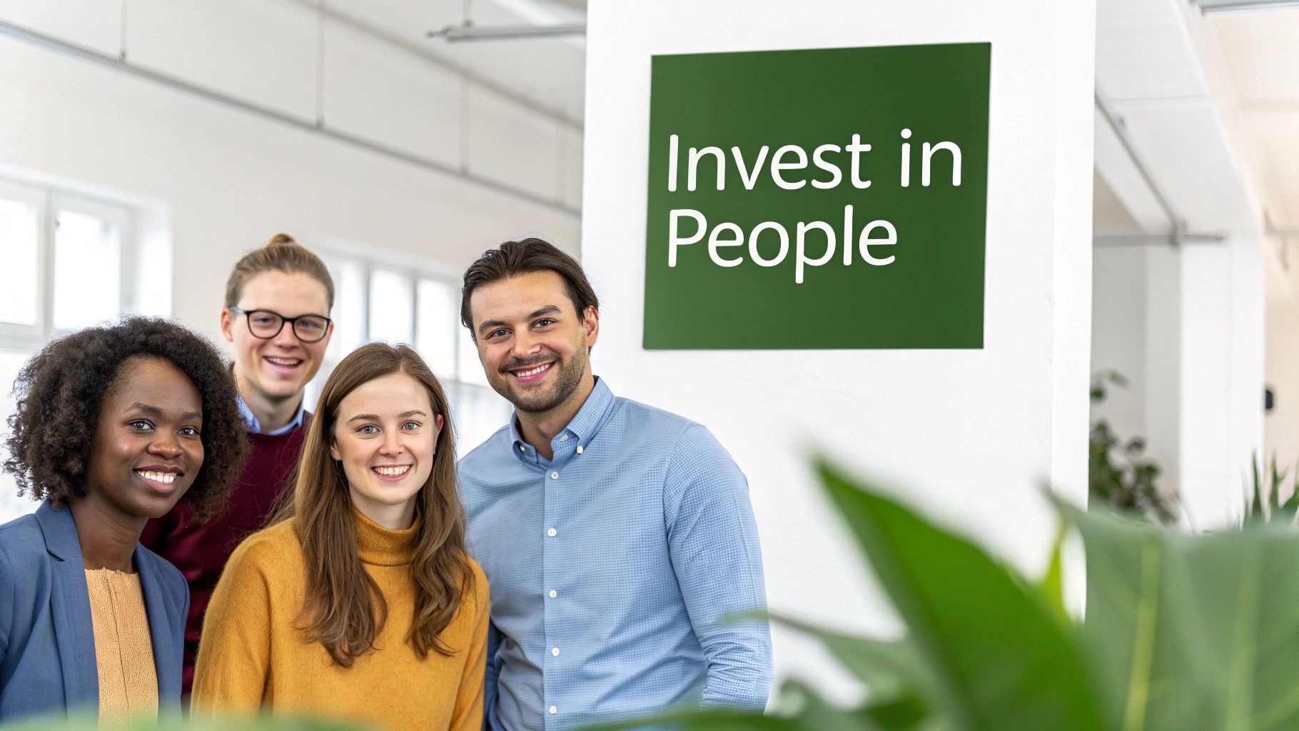 A diverse group of four smiling young professionals in an office next to an 'Invest in People' sign.