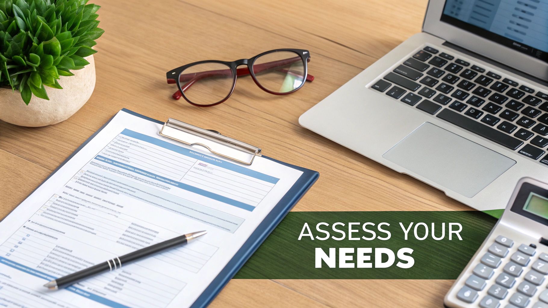 A workspace with a clipboard, pen, glasses, laptop, calculator, and a plant, with text 'ASSESS YOUR NEEDS'.