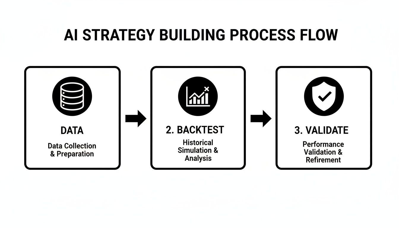 Diagram illustrating the three-step AI strategy building process flow with data, backtest, and validate stages.