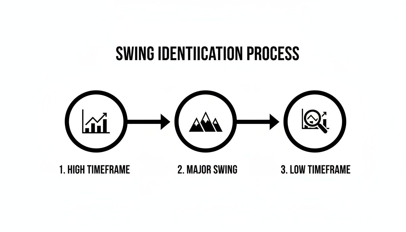 Flowchart showing the swing identification process: High Timeframe, Major Swing, and Low Timeframe.