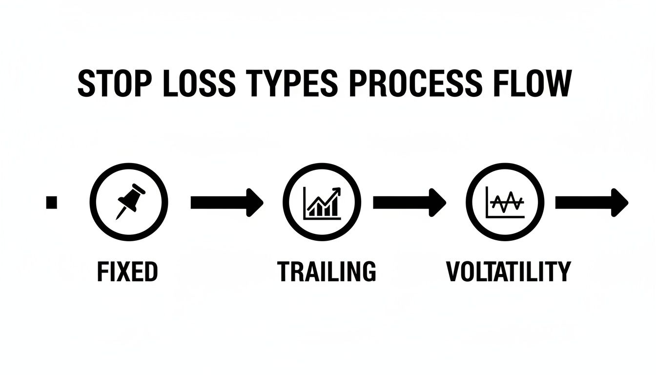 Process flow diagram showing stop loss types: Fixed (pushpin), Trailing (growth chart), Volatility (fluctuation graph).