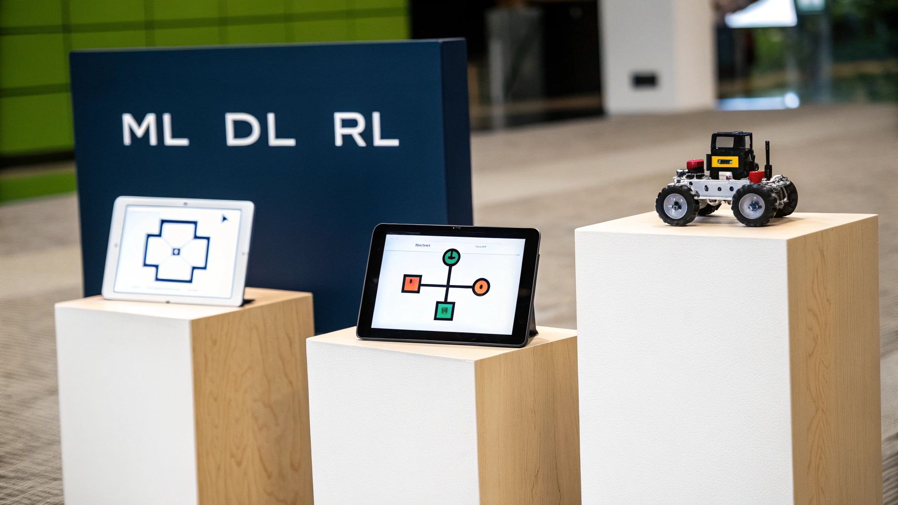 Educational tech display with tablets showing code diagrams, a robot, and 'ML DL RL' sign.