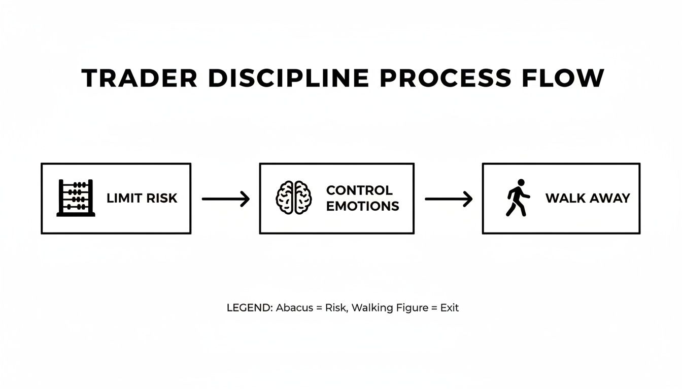 A flow chart illustrating trader discipline steps: limit risk, control emotions, and walk away.