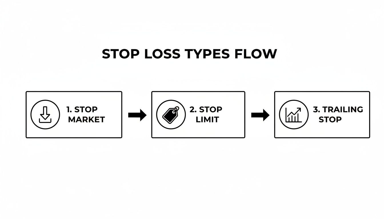 Flowchart illustrating the progression of stop loss order types: Stop Market, Stop Limit, and Trailing Stop.