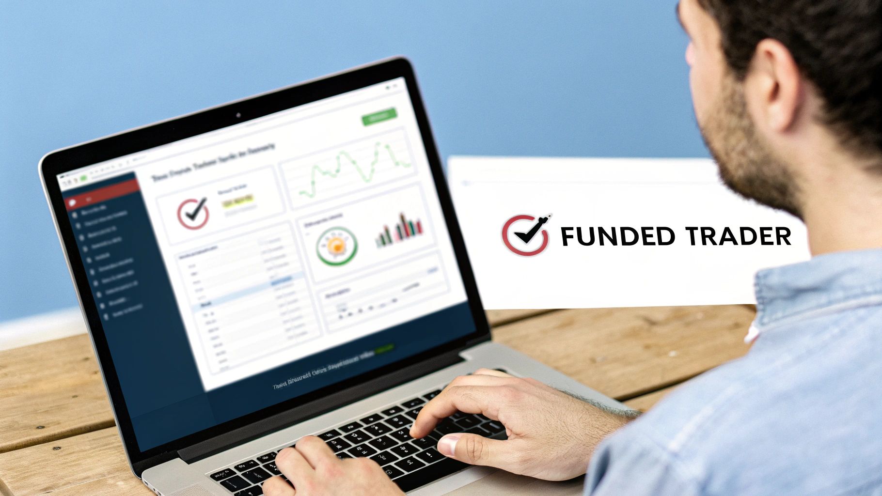 Man looking at a laptop with a financial dashboard and a 'FUNDED TRADER' logo.