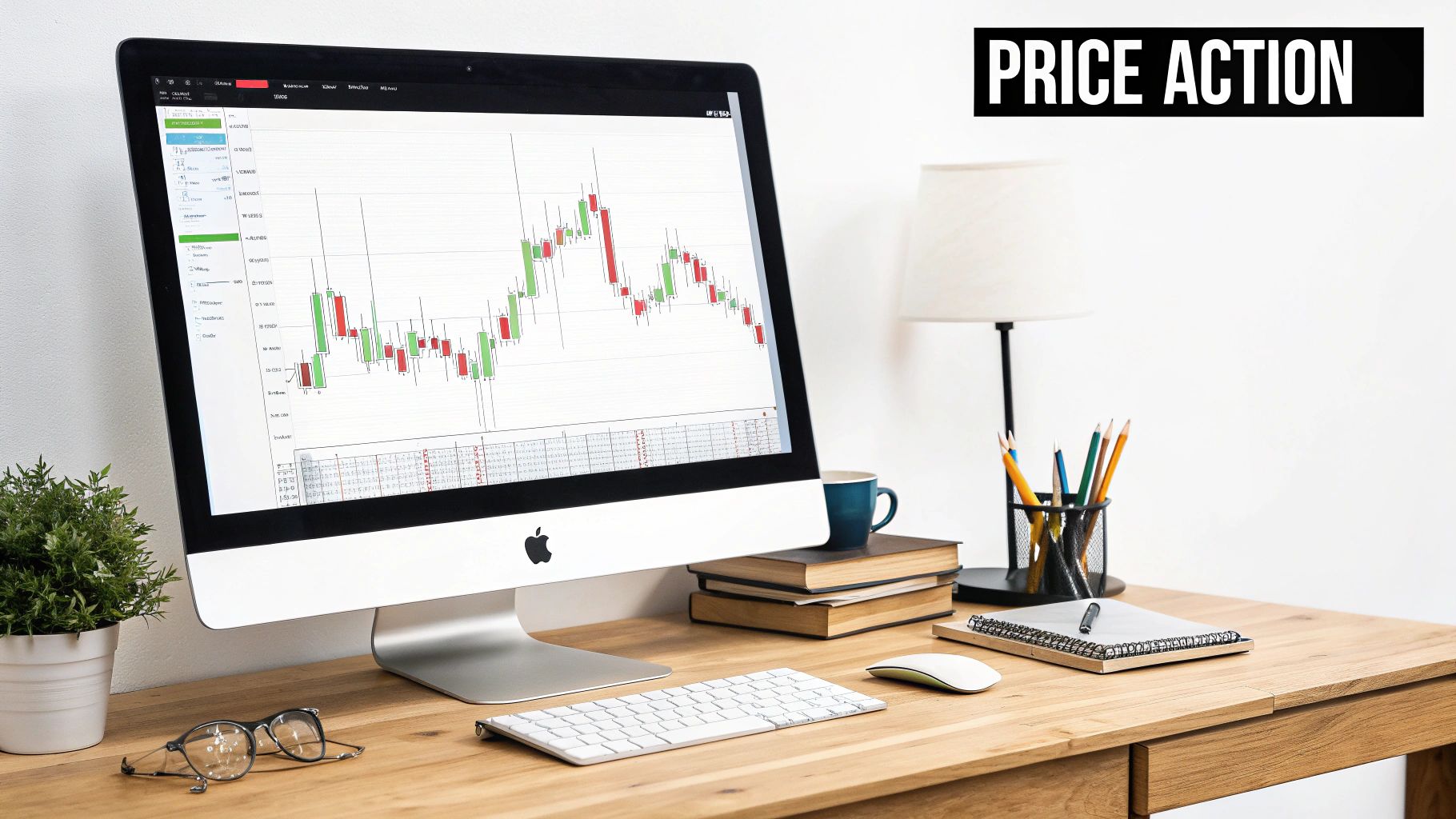 A wooden desk with an Apple iMac displaying a price action candlestick chart, surrounded by office supplies.