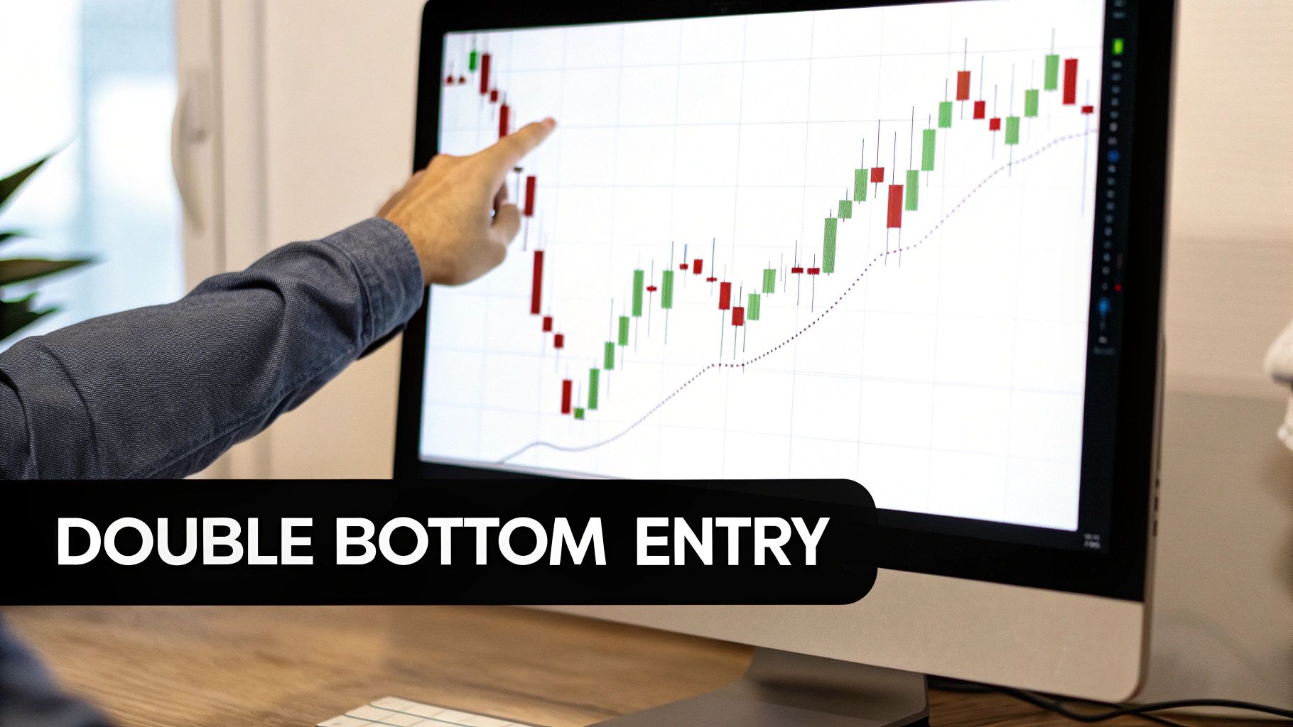 A hand points at a financial candlestick chart on a computer screen, showing a double bottom entry pattern.