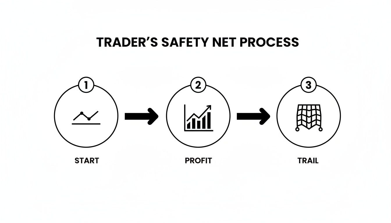 A three-step diagram outlining the Trader's Safety Net Process from start to profit and trail.