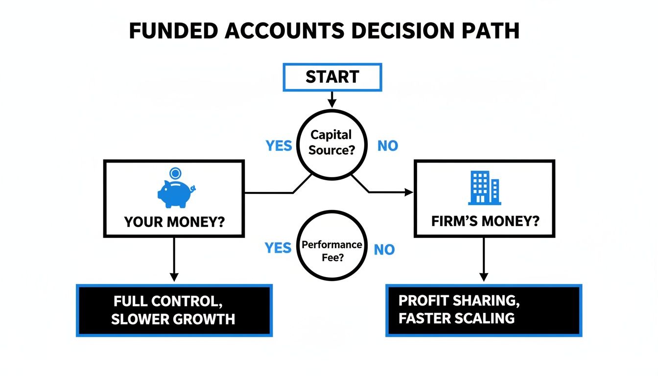 Flowchart illustrating the decision path for funded accounts, considering capital source and performance fees.