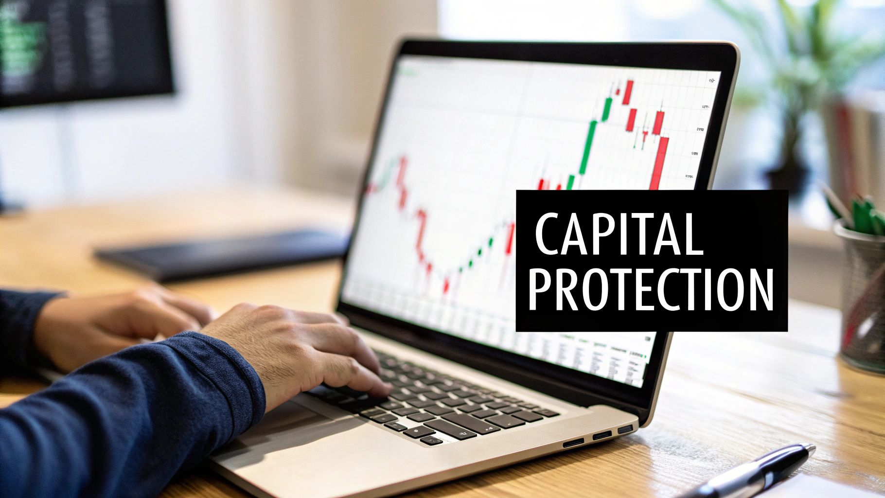 Person typing on a laptop with stock charts and 'CAPITAL PROTECTION' text displayed on screen, showing financial strategy.