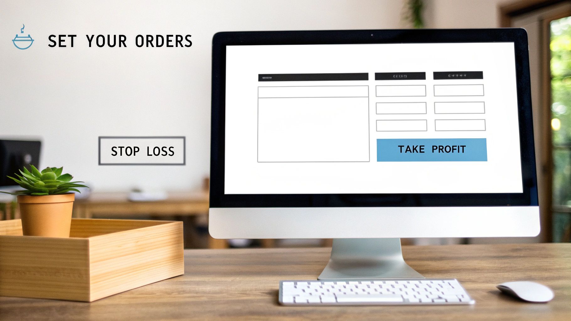 A computer screen displays a trading platform with "STOP LOSS" and "TAKE PROFIT" buttons, indicating order setting.