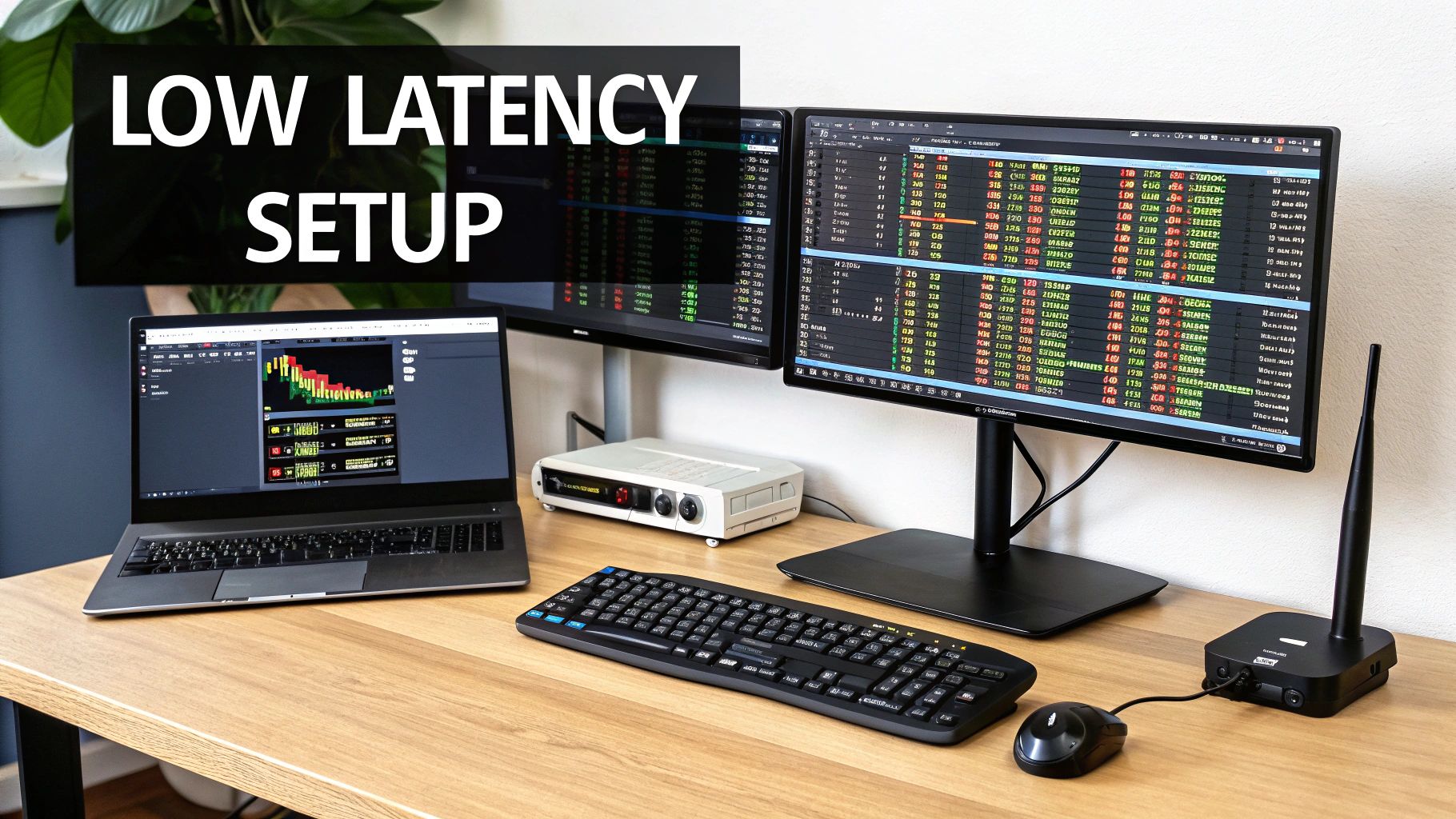 A multi-monitor low latency trading setup featuring a laptop, keyboard, mouse, and financial data displays.