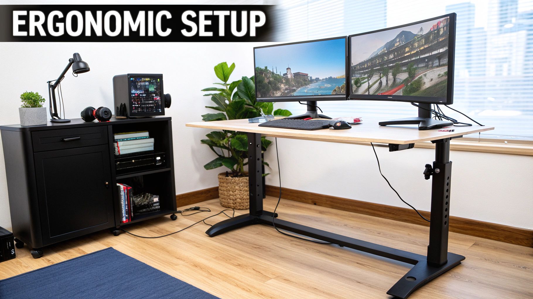 An ergonomic desk setup featuring two computer monitors, a standing desk, and a rolling black cabinet.